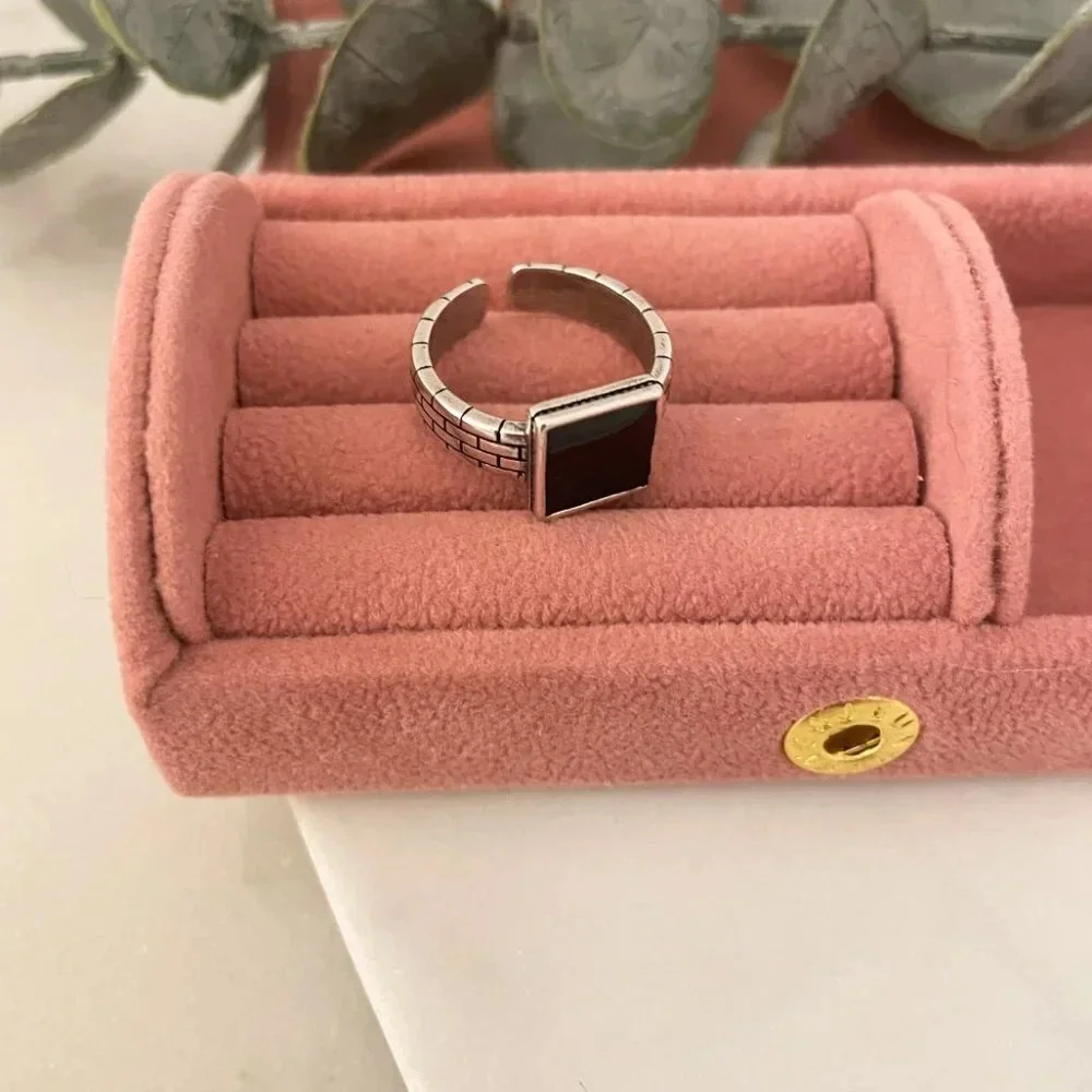 925 Sterling Silver Dainty Black Square Ring Minimalist Stackable Ring